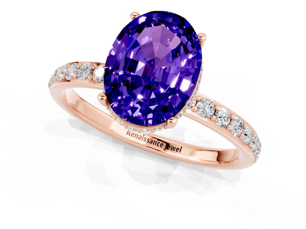 Rose gold Oval Cut Tanzanite Solitaire Ring with Pavé Band and Hidden Halo