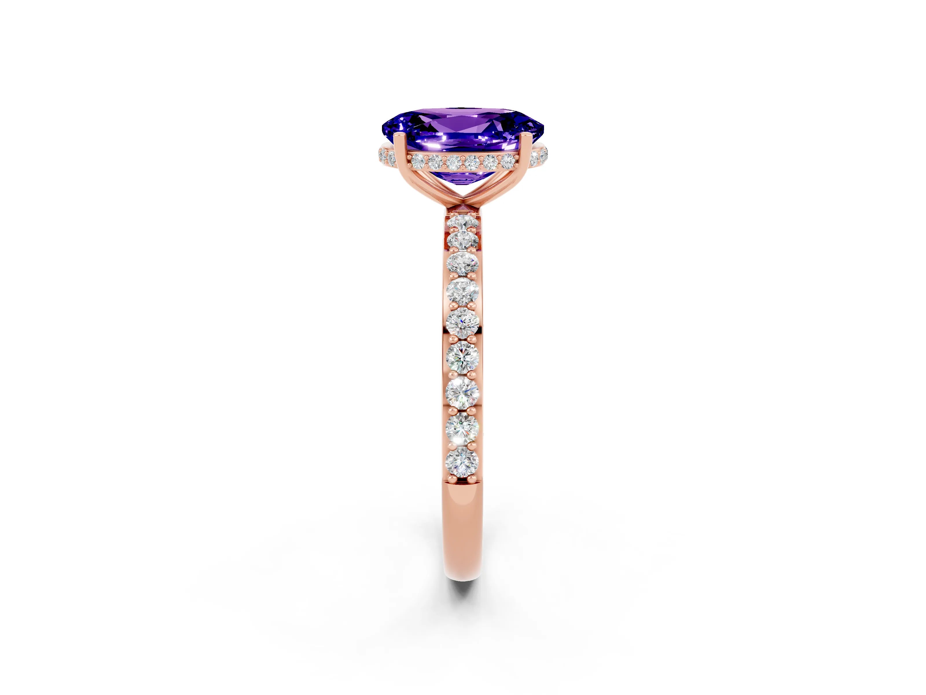 Rose gold {shape_name} Tanzanite Solitaire Ring with Pavé Band and Hidden Halo_2