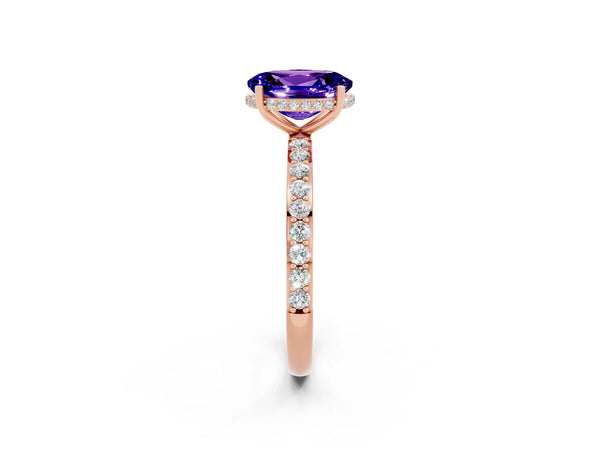 Rose gold Oval Cut Tanzanite Solitaire Ring with Pavé Band and Hidden Halo