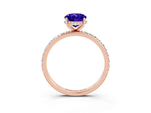 Rose gold Oval Cut Tanzanite Solitaire Ring with Pavé Band and Hidden Halo