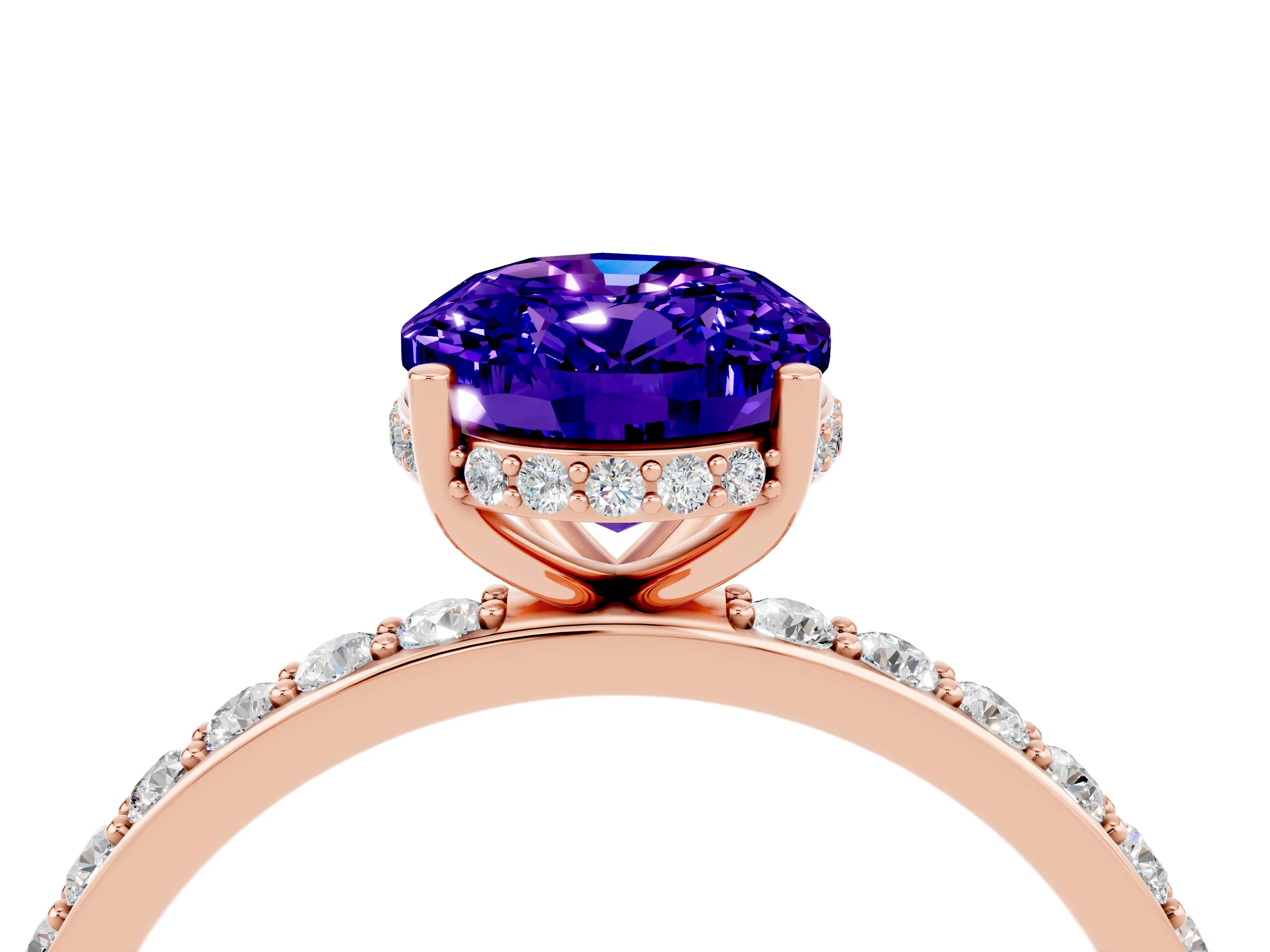 Rose gold {shape_name} Tanzanite Solitaire Ring with Pavé Band and Hidden Halo_4