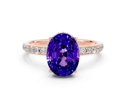 Rose gold {shape_name} Tanzanite Solitaire Ring with Pavé Band and Hidden Halo