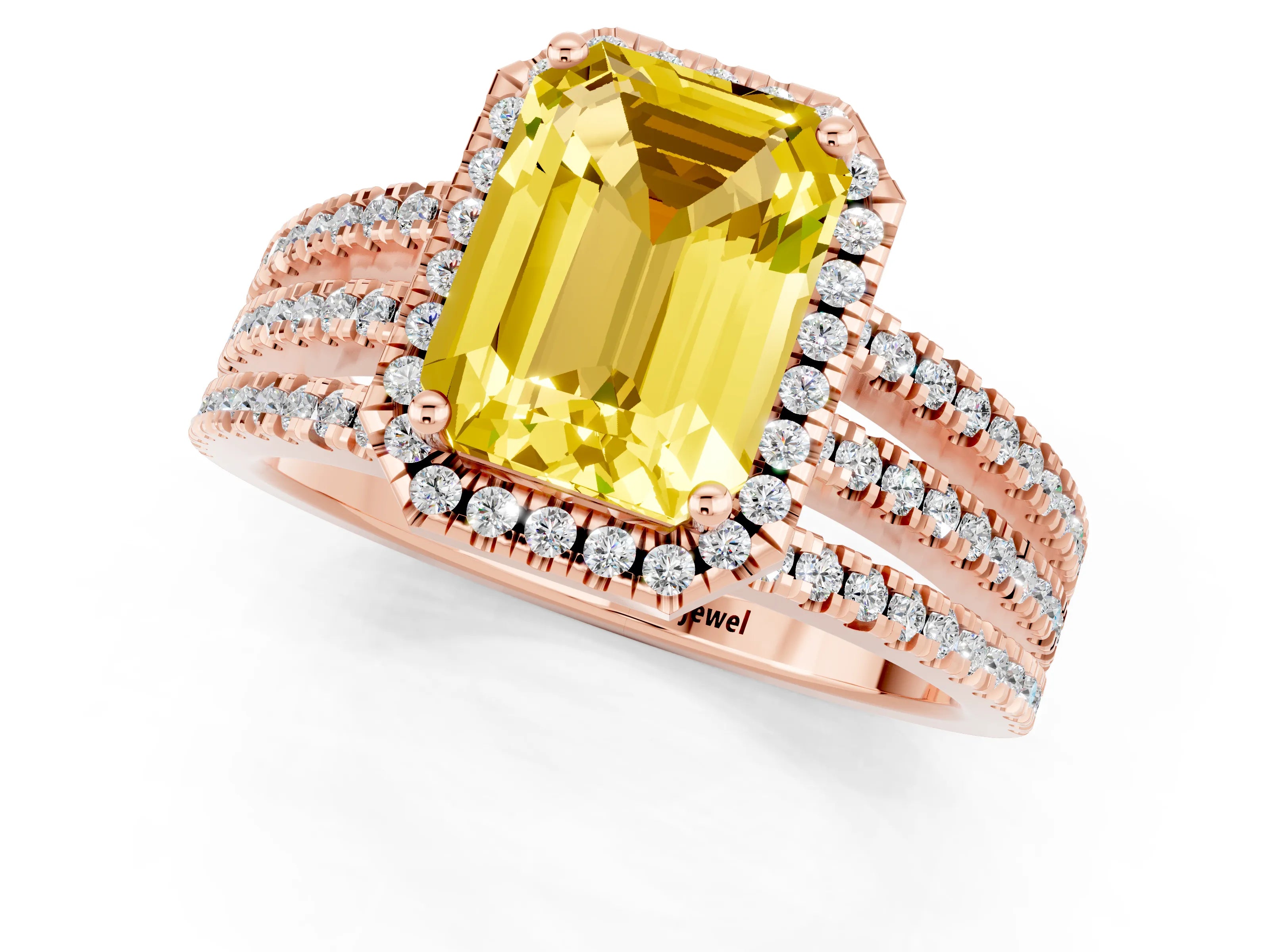 Rose gold {shape_name} Yellow Sapphire Halo Engagement Ring with Split Shank and Four-Prong Setting_1