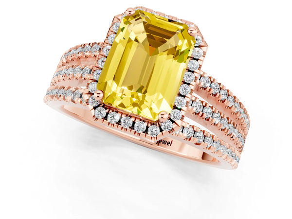 Rose gold Emerald Cut Yellow Sapphire Halo Engagement Ring with Split Shank and Four-Prong Setting