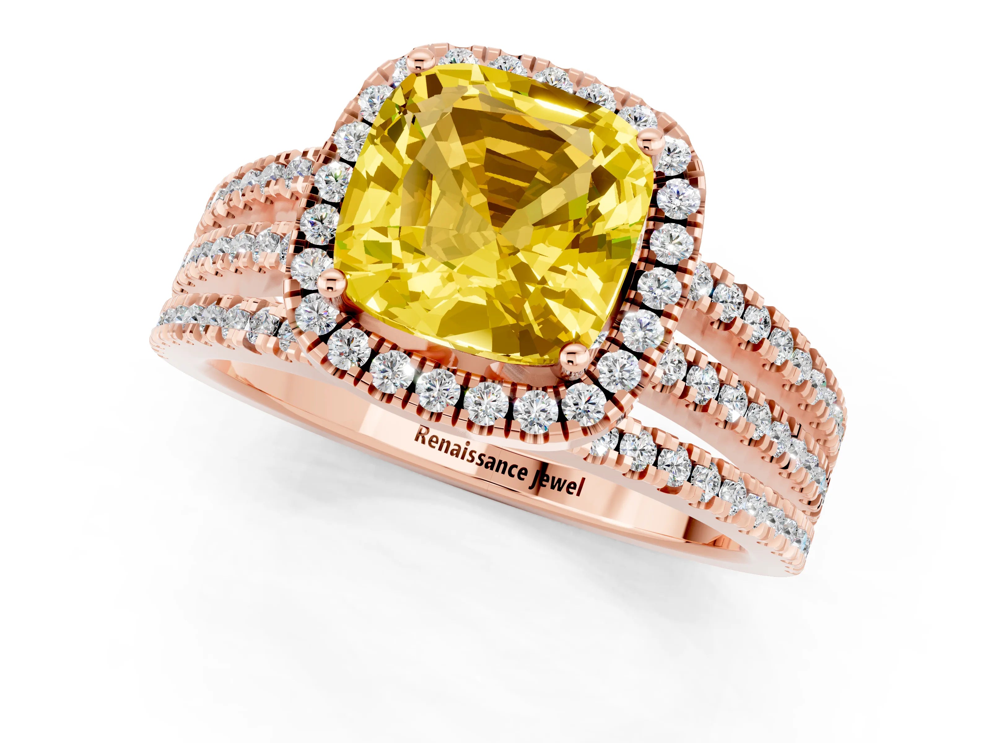 Rose gold {shape_name} Yellow Sapphire Halo Engagement Ring with Split Shank and Four-Prong Setting_1