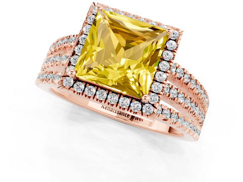 Rose gold {shape_name} Yellow Sapphire Halo Engagement Ring with Split Shank and Four-Prong Setting_1