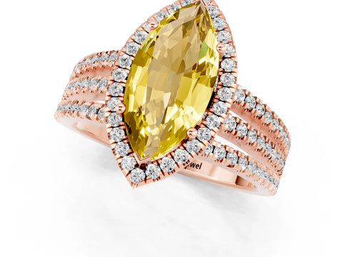 Rose gold {shape_name} Yellow Sapphire Halo Engagement Ring with Split Shank and Four-Prong Setting_1