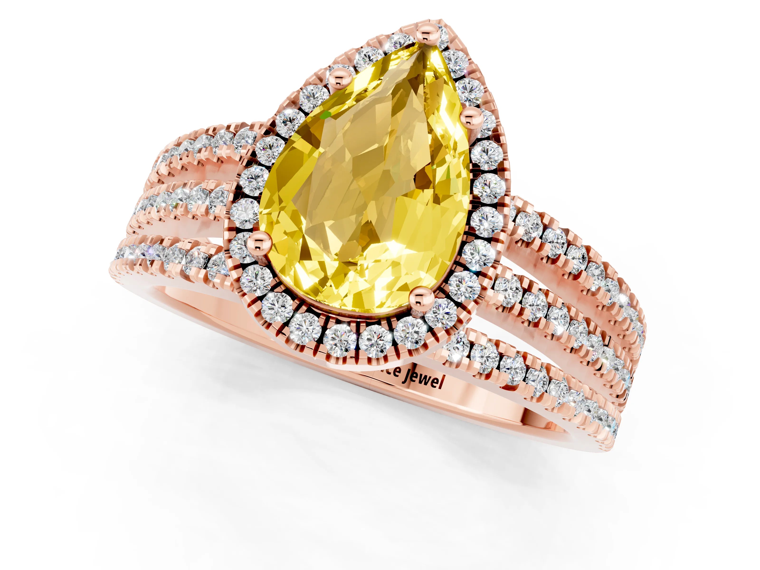 Rose gold {shape_name} Yellow Sapphire Halo Engagement Ring with Split Shank and Four-Prong Setting_1