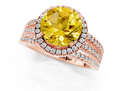 Rose gold {shape_name} Yellow Sapphire Halo Engagement Ring with Split Shank and Four-Prong Setting_1