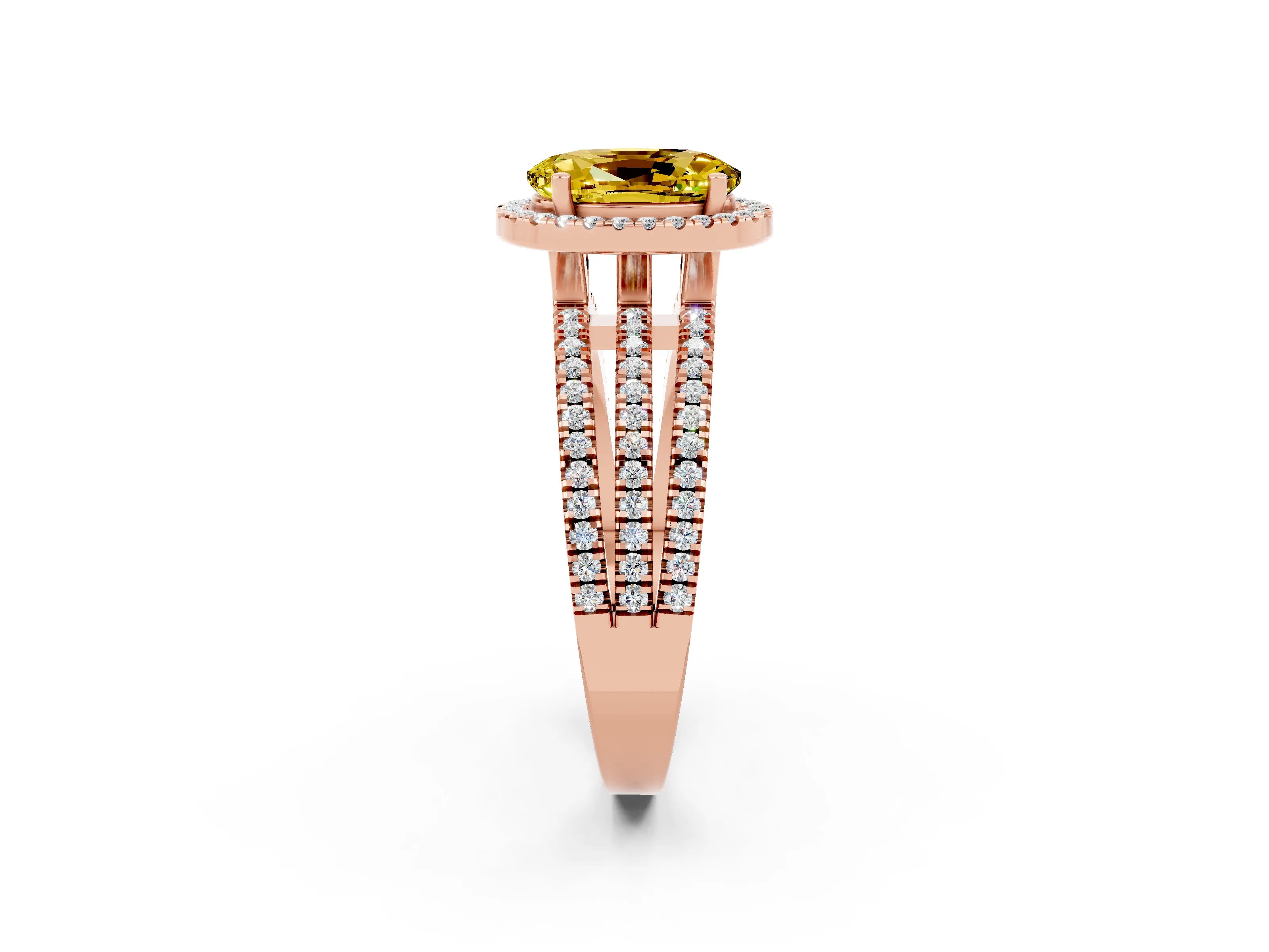 Rose gold {shape_name} Yellow Sapphire Halo Engagement Ring with Split Shank and Four-Prong Setting_2