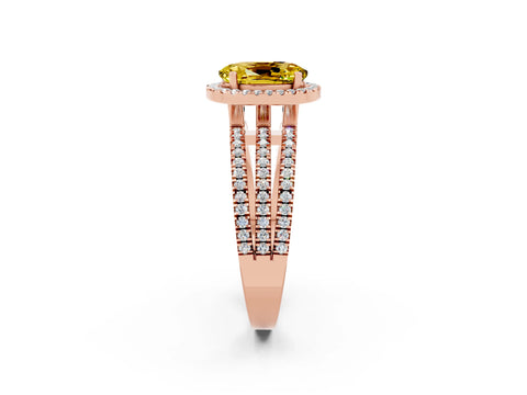 Rose gold {shape_name} Yellow Sapphire Halo Engagement Ring with Split Shank and Four-Prong Setting_2