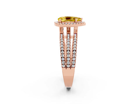 Rose gold {shape_name} Yellow Sapphire Halo Engagement Ring with Split Shank and Four-Prong Setting_2