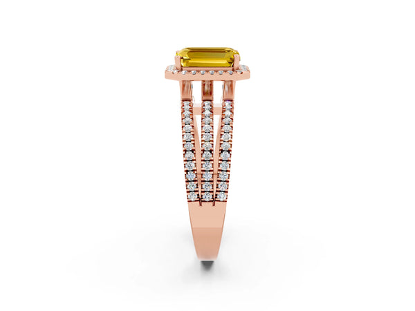 Rose gold Emerald Cut Yellow Sapphire Halo Engagement Ring with Split Shank and Four-Prong Setting