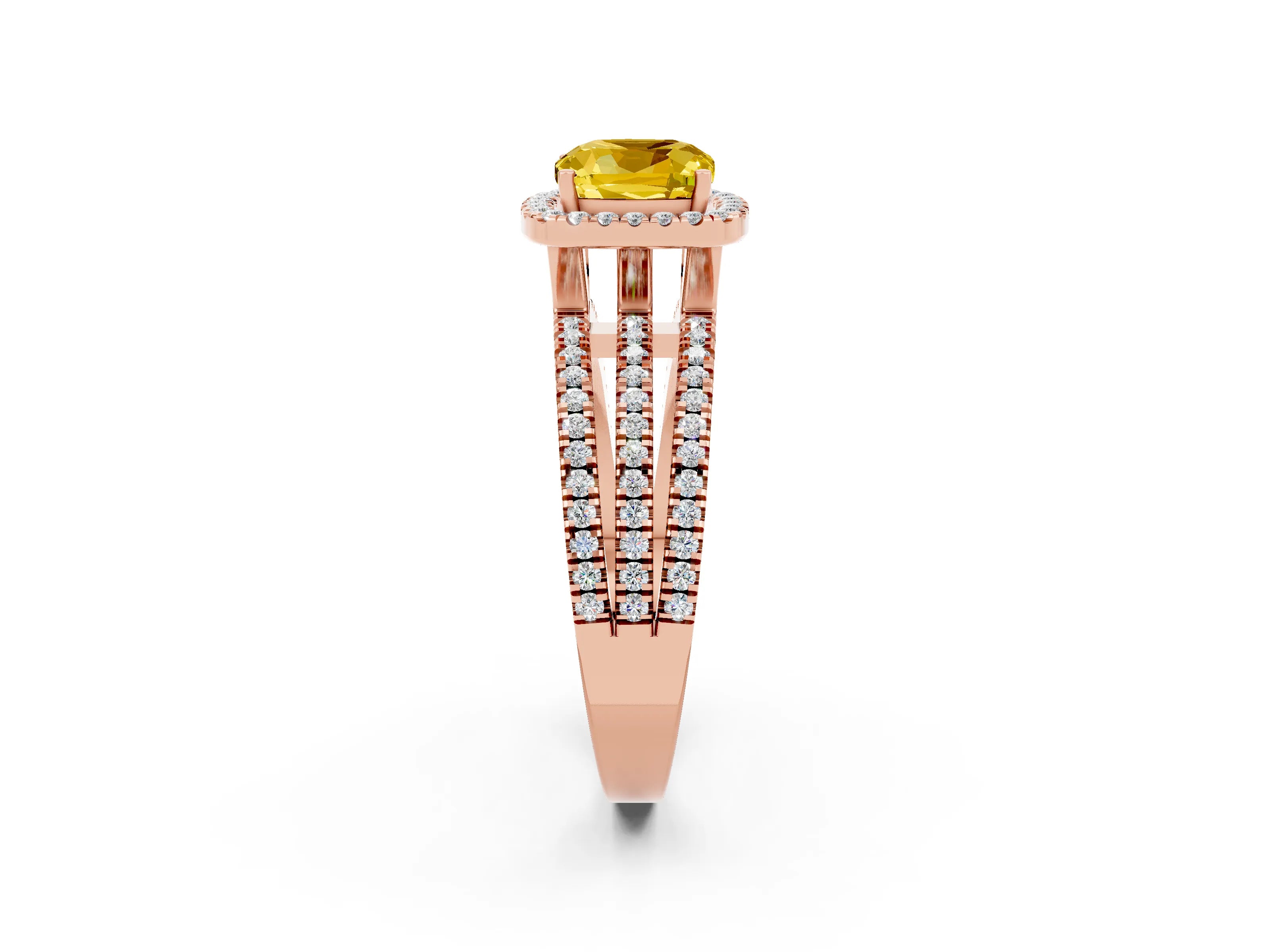 Rose gold {shape_name} Yellow Sapphire Halo Engagement Ring with Split Shank and Four-Prong Setting_2