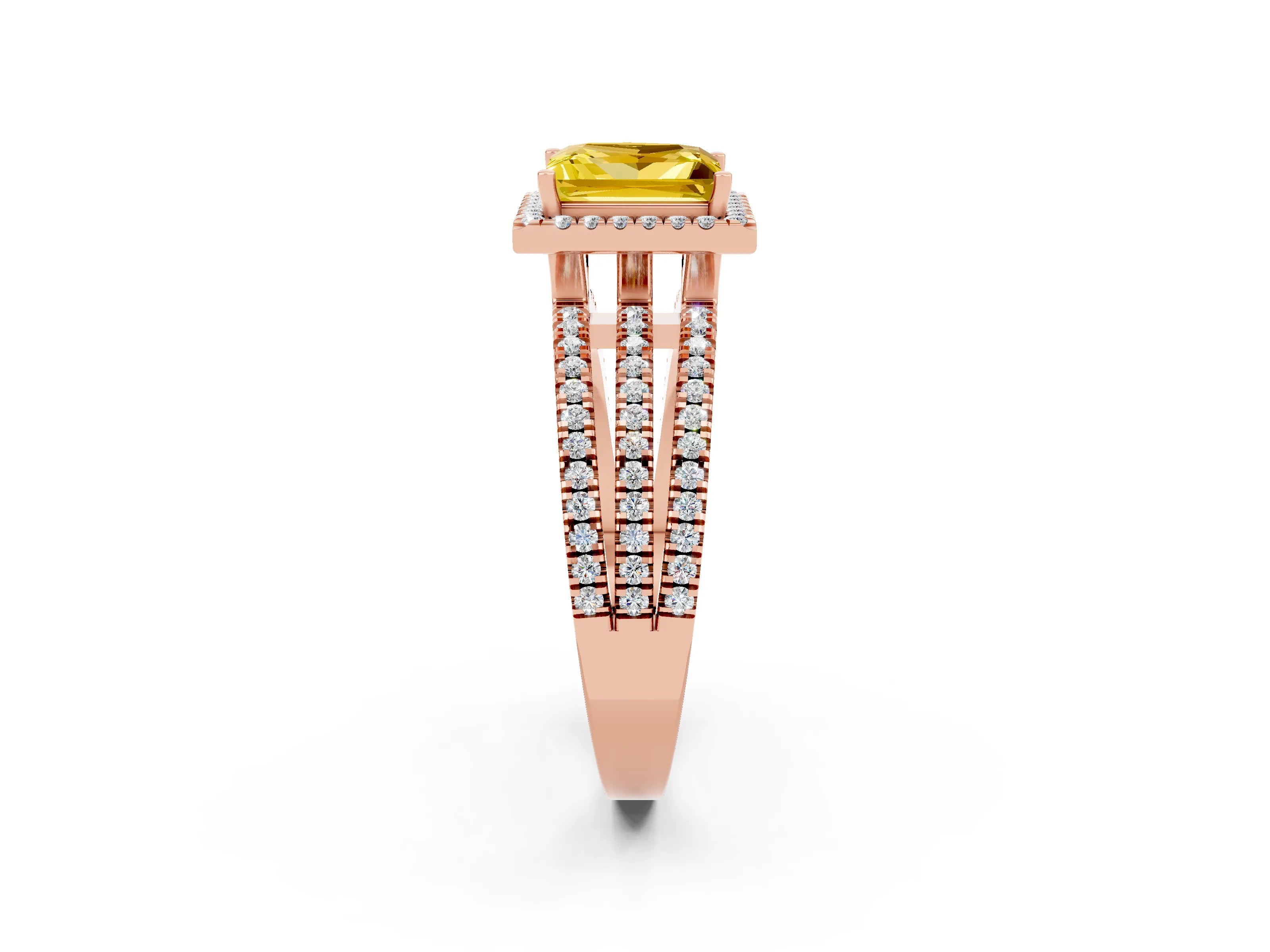 Rose gold {shape_name} Yellow Sapphire Halo Engagement Ring with Split Shank and Four-Prong Setting_2