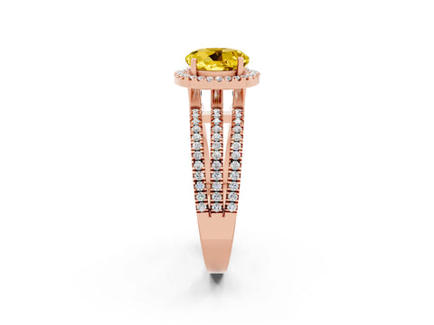 Rose gold {shape_name} Yellow Sapphire Halo Engagement Ring with Split Shank and Four-Prong Setting_2