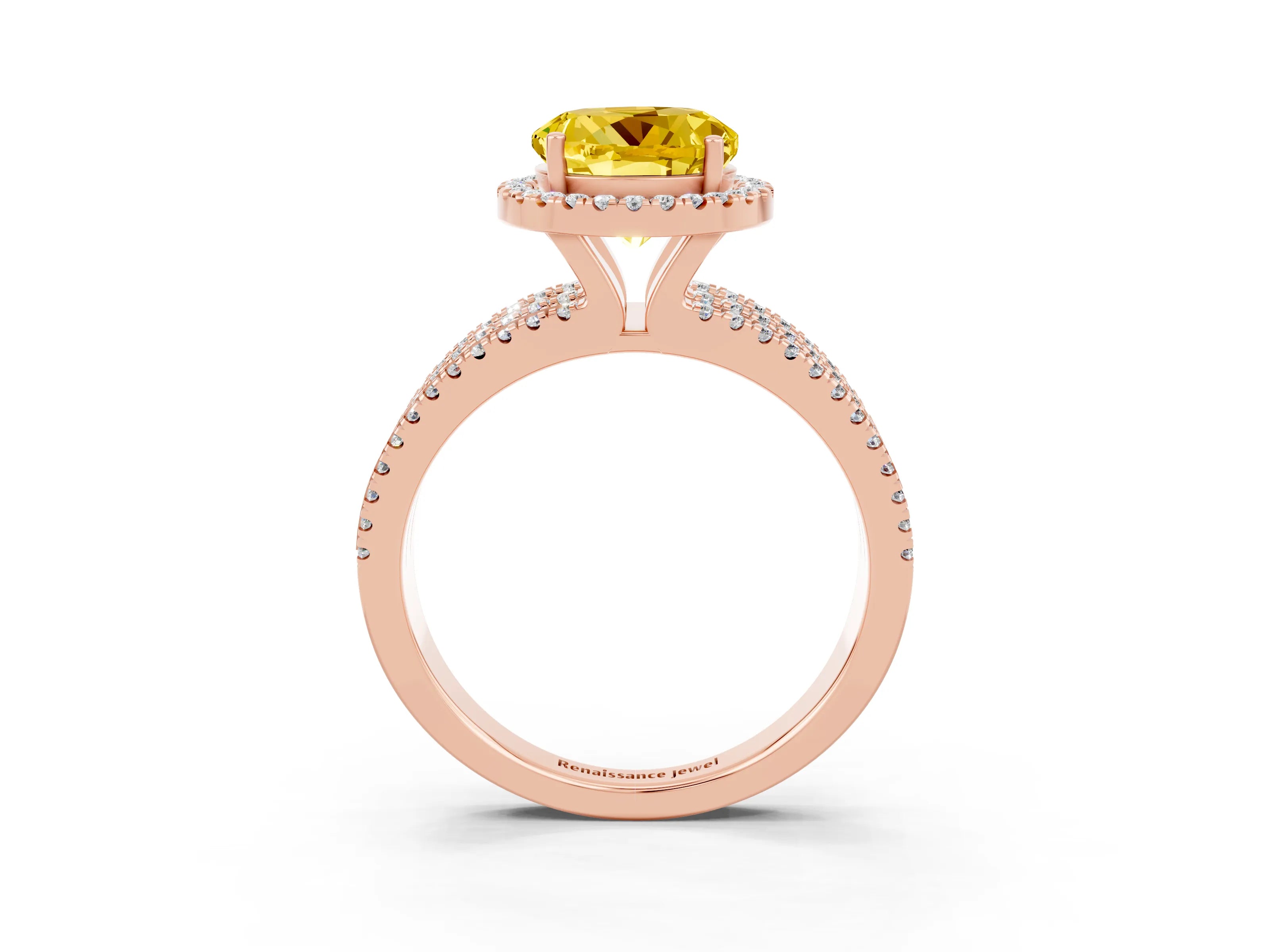 Rose gold {shape_name} Yellow Sapphire Halo Engagement Ring with Split Shank and Four-Prong Setting_3