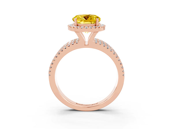 Rose gold Round Cut Yellow Sapphire Halo Engagement Ring with Split Shank and Four-Prong Setting