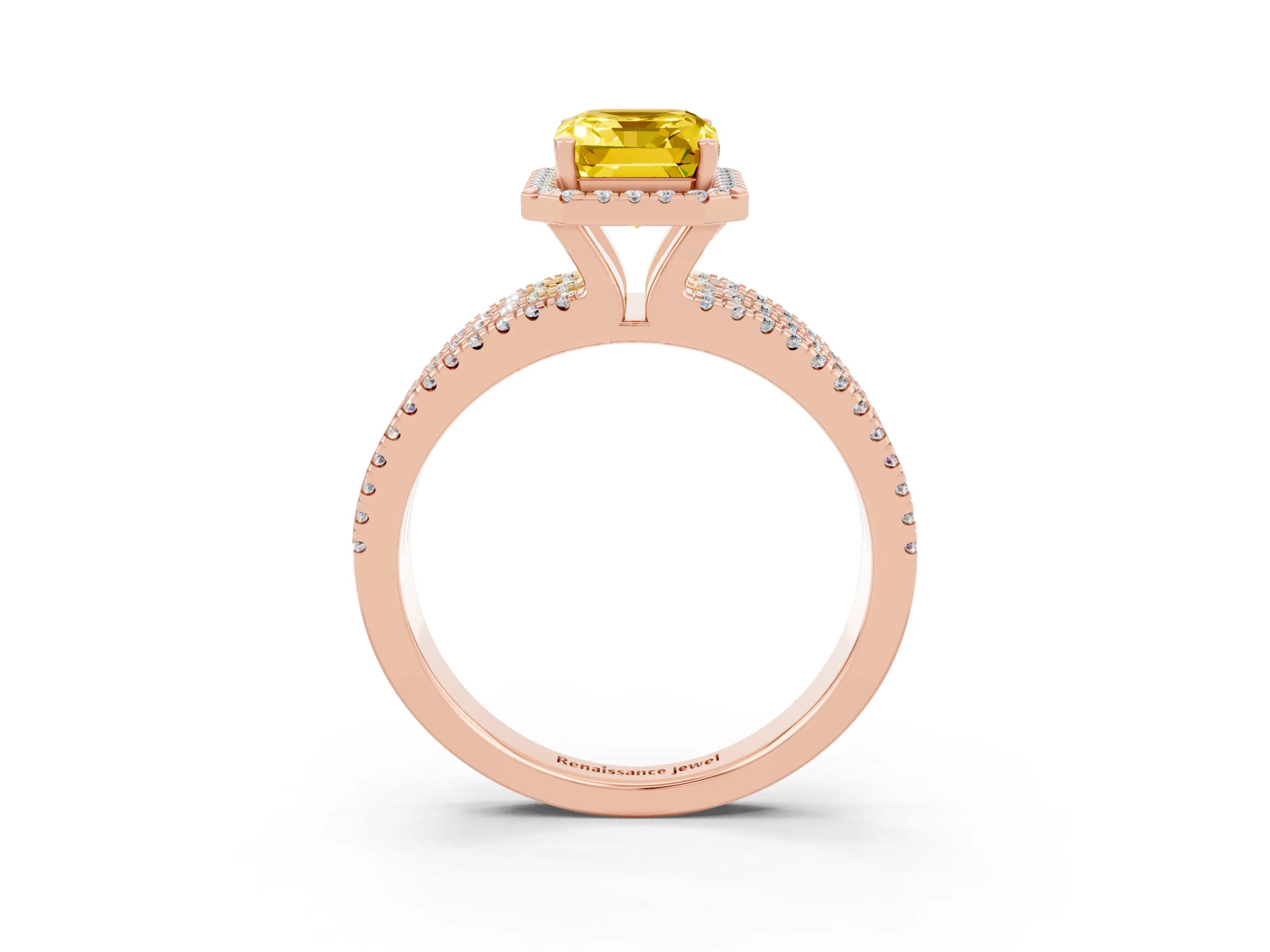 Rose gold {shape_name} Yellow Sapphire Halo Engagement Ring with Split Shank and Four-Prong Setting_3
