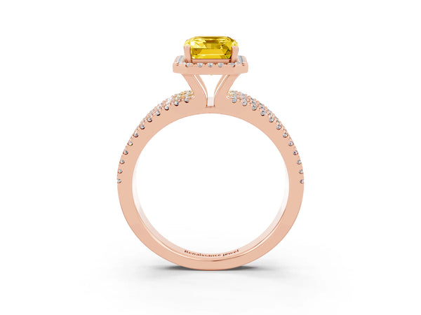 Rose gold Emerald Cut Yellow Sapphire Halo Engagement Ring with Split Shank and Four-Prong Setting
