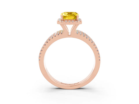 Rose gold {shape_name} Yellow Sapphire Halo Engagement Ring with Split Shank and Four-Prong Setting_3