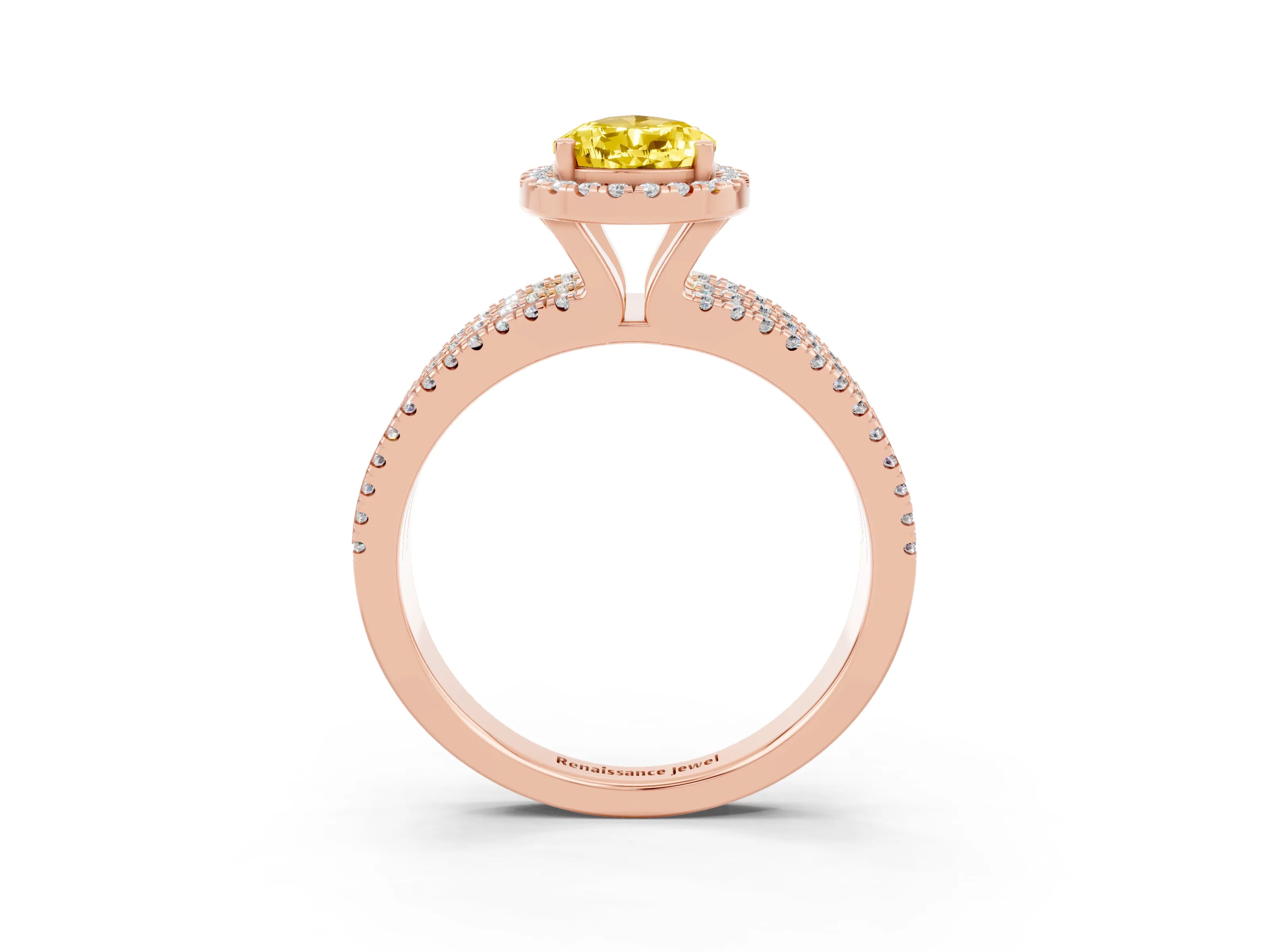 Rose gold {shape_name} Yellow Sapphire Halo Engagement Ring with Split Shank and Four-Prong Setting_3