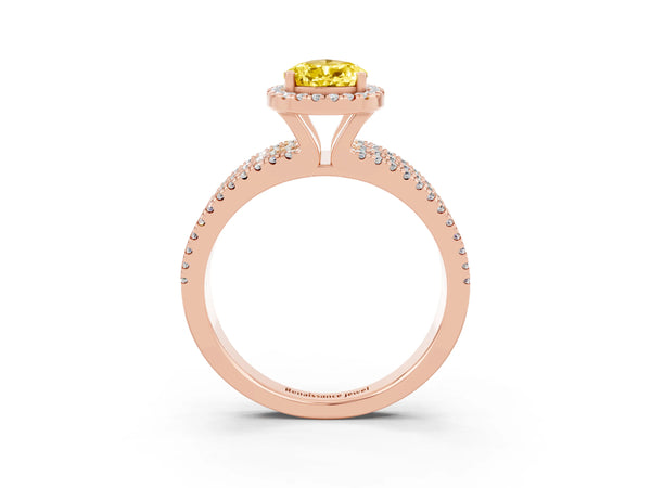 Rose gold Pear Cut Yellow Sapphire Halo Engagement Ring with Split Shank and Four-Prong Setting