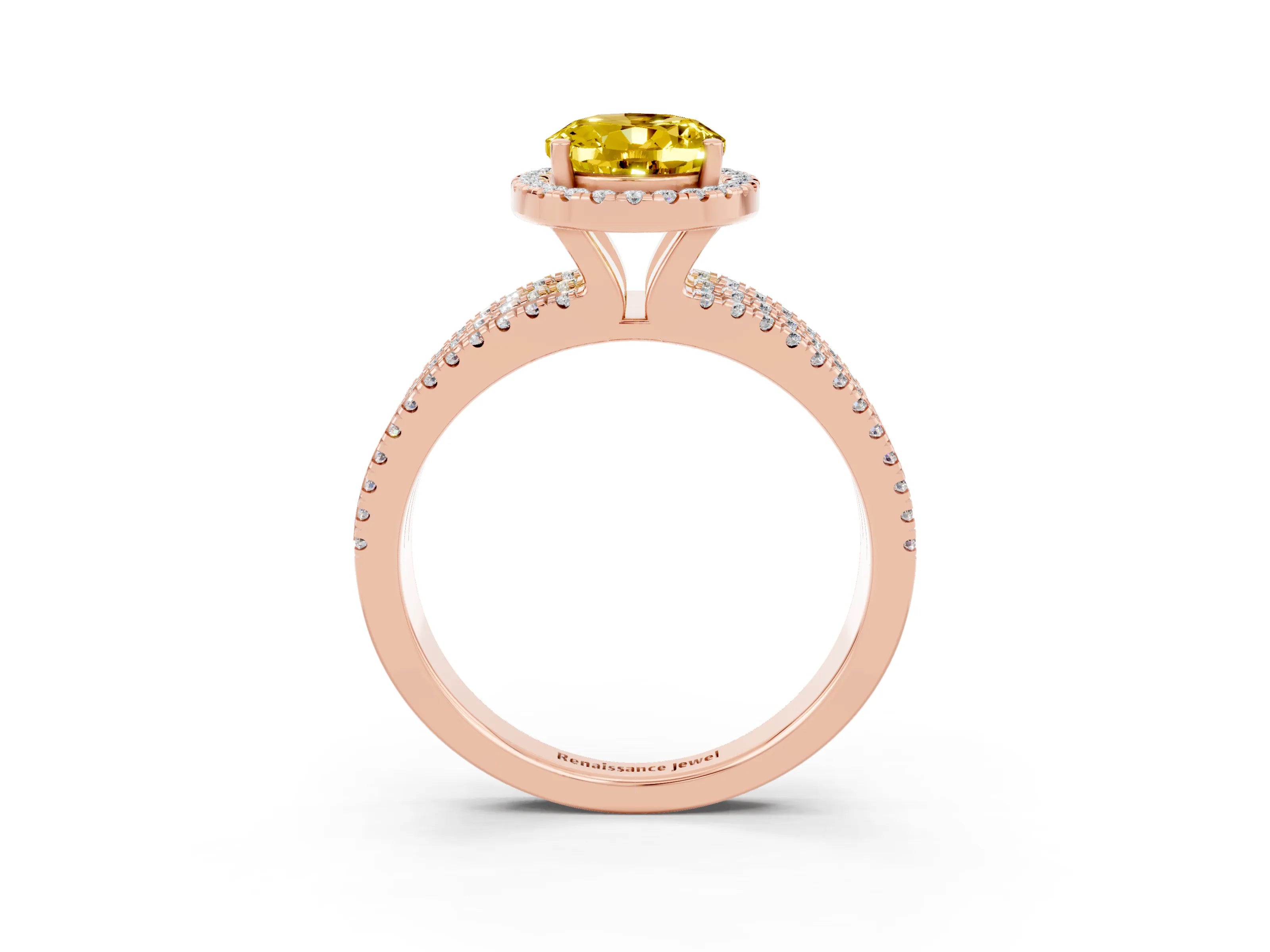 Rose gold {shape_name} Yellow Sapphire Halo Engagement Ring with Split Shank and Four-Prong Setting_3