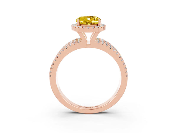 Rose gold Oval Cut Yellow Sapphire Halo Engagement Ring with Split Shank and Four-Prong Setting