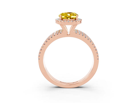 Rose gold {shape_name} Yellow Sapphire Halo Engagement Ring with Split Shank and Four-Prong Setting_3