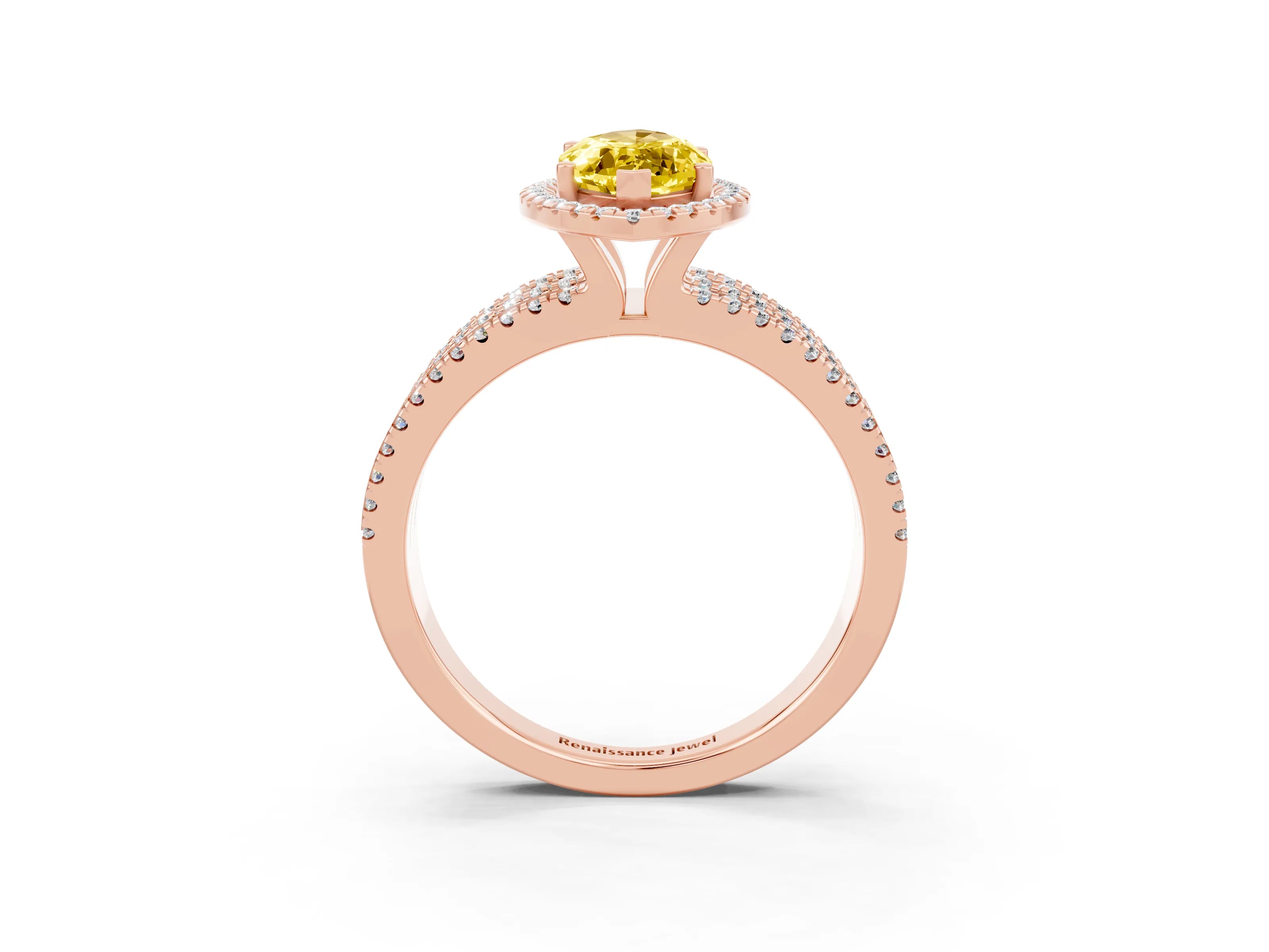 Rose gold {shape_name} Yellow Sapphire Halo Engagement Ring with Split Shank and Four-Prong Setting_3