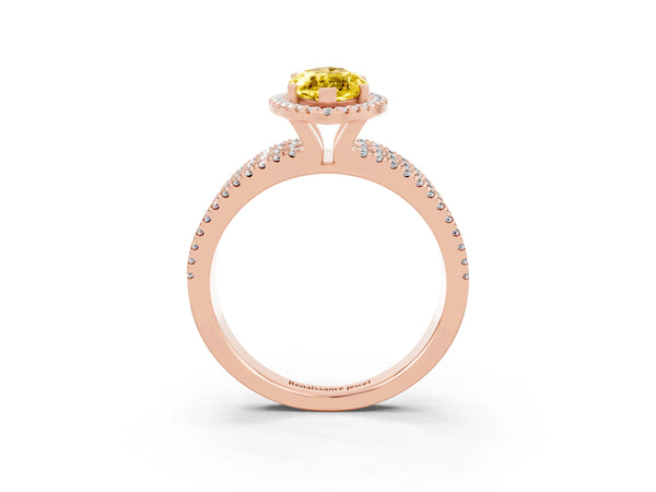Rose gold Marquise Cut Yellow Sapphire Halo Engagement Ring with Split Shank and Four-Prong Setting