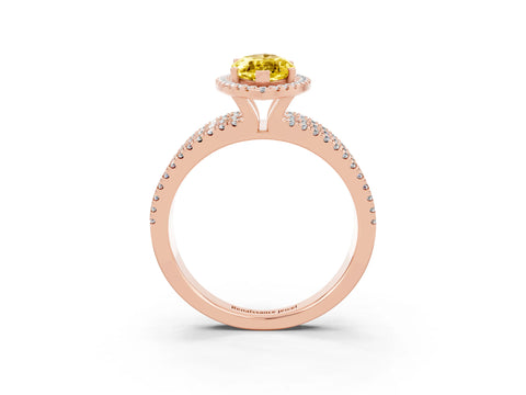 Rose gold {shape_name} Yellow Sapphire Halo Engagement Ring with Split Shank and Four-Prong Setting_3