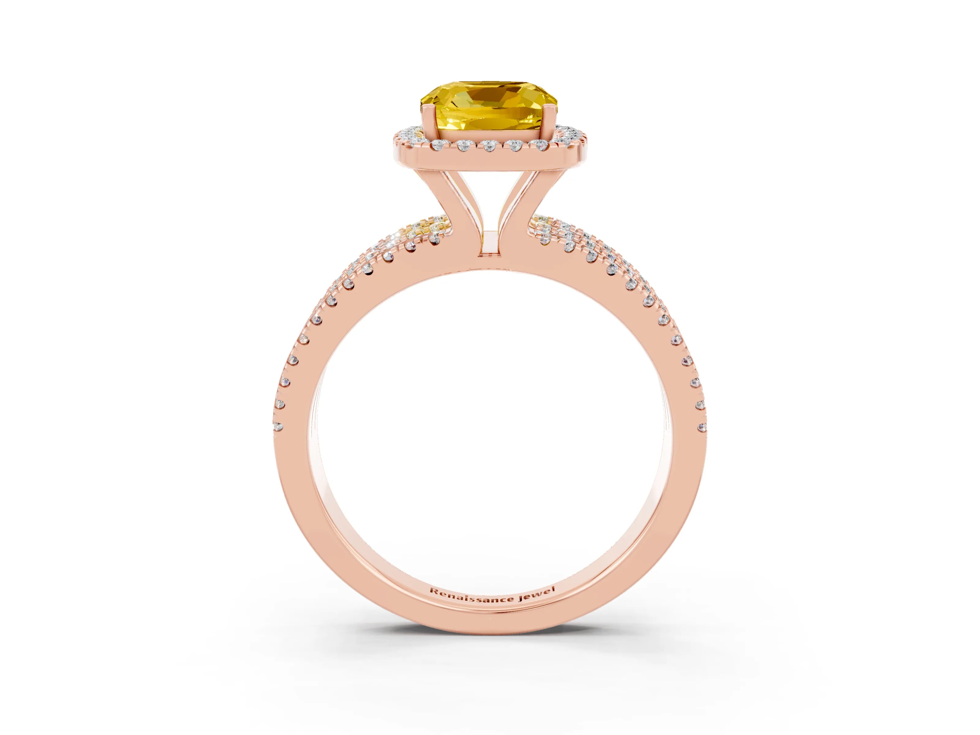 Rose gold {shape_name} Yellow Sapphire Halo Engagement Ring with Split Shank and Four-Prong Setting_3