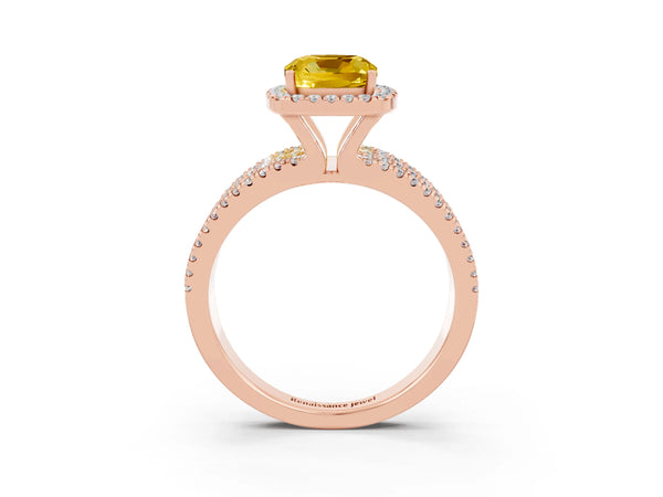 Rose gold Cushion Cut Yellow Sapphire Halo Engagement Ring with Split Shank and Four-Prong Setting