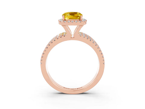 Rose gold {shape_name} Yellow Sapphire Halo Engagement Ring with Split Shank and Four-Prong Setting_3