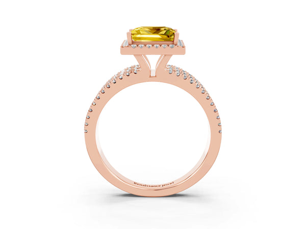 Rose gold Princess Cut Yellow Sapphire Halo Engagement Ring with Split Shank and Four-Prong Setting