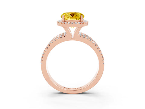 Rose gold {shape_name} Yellow Sapphire Halo Engagement Ring with Split Shank and Four-Prong Setting_3
