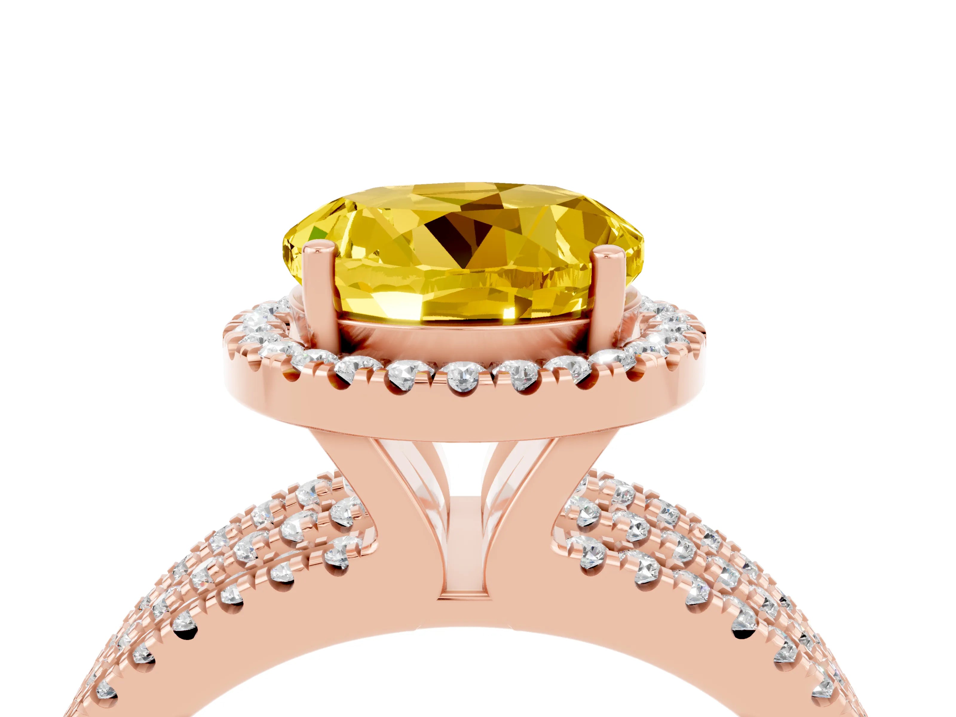 Rose gold {shape_name} Yellow Sapphire Halo Engagement Ring with Split Shank and Four-Prong Setting_4