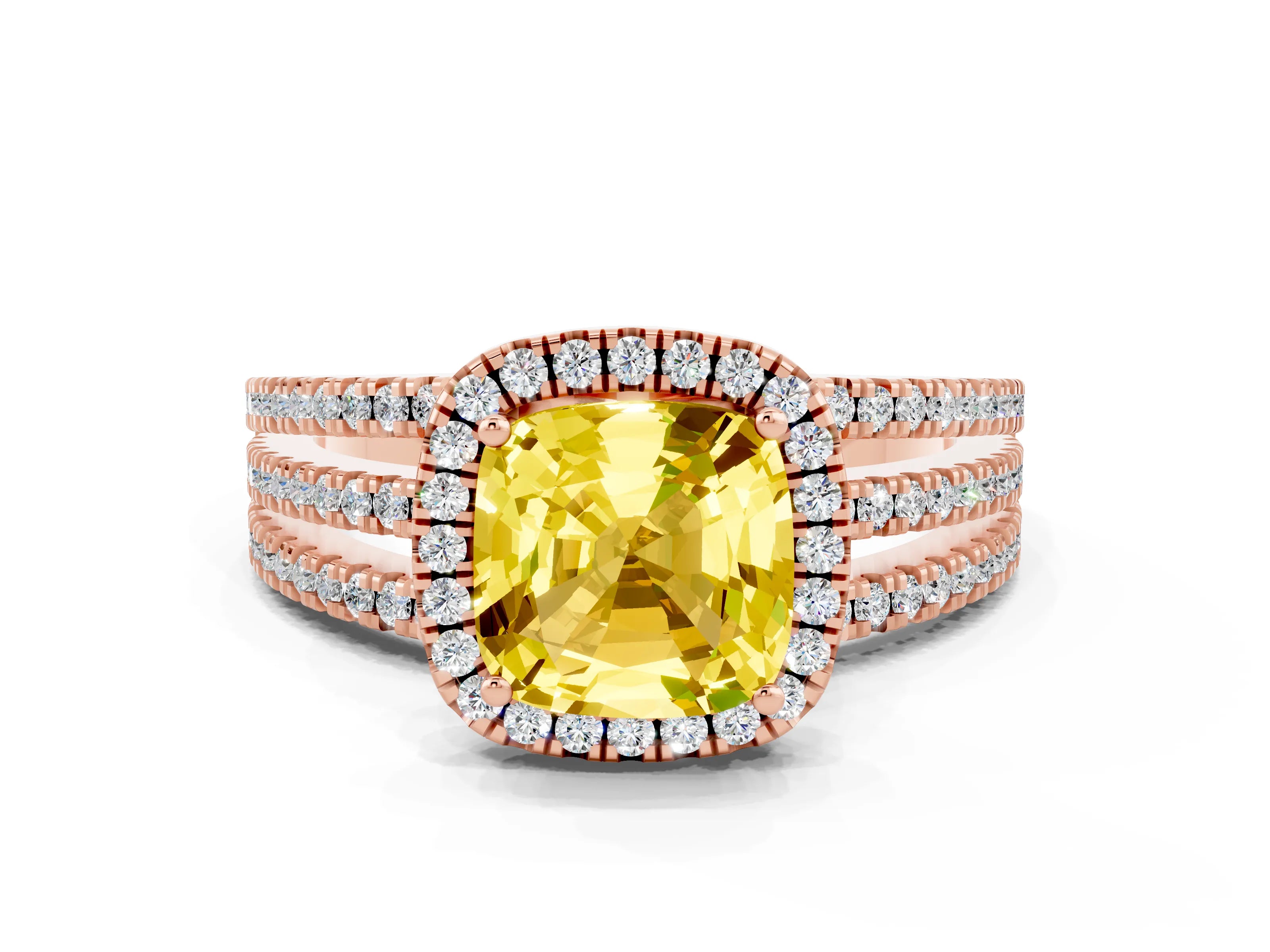 Rose gold {shape_name} Yellow Sapphire Halo Engagement Ring with Split Shank and Four-Prong Setting