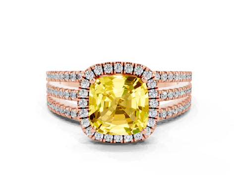 Rose gold {shape_name} Yellow Sapphire Halo Engagement Ring with Split Shank and Four-Prong Setting