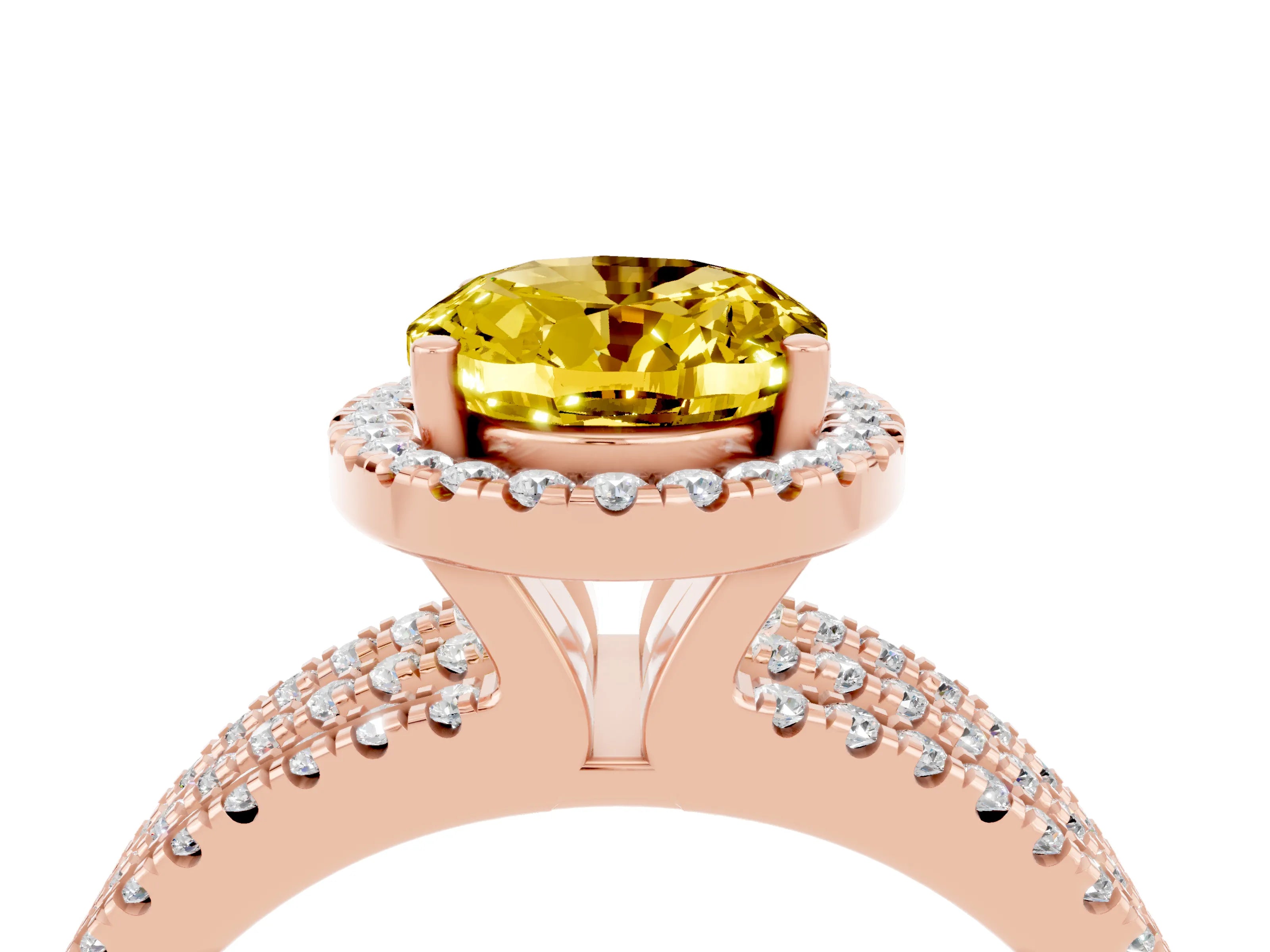 Rose gold {shape_name} Yellow Sapphire Halo Engagement Ring with Split Shank and Four-Prong Setting_4