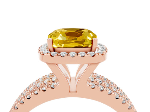 Rose gold {shape_name} Yellow Sapphire Halo Engagement Ring with Split Shank and Four-Prong Setting_4