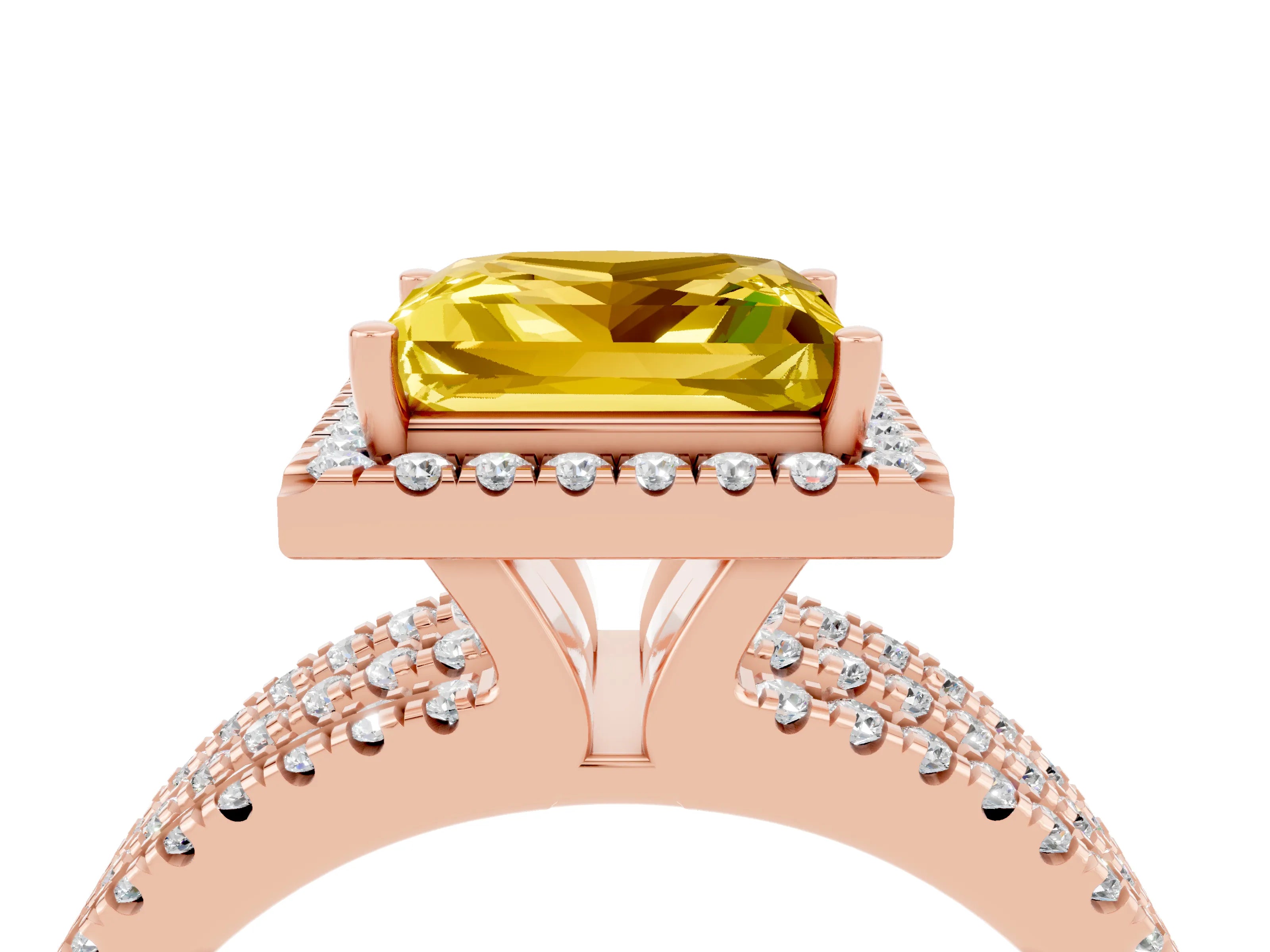 Rose gold {shape_name} Yellow Sapphire Halo Engagement Ring with Split Shank and Four-Prong Setting_4