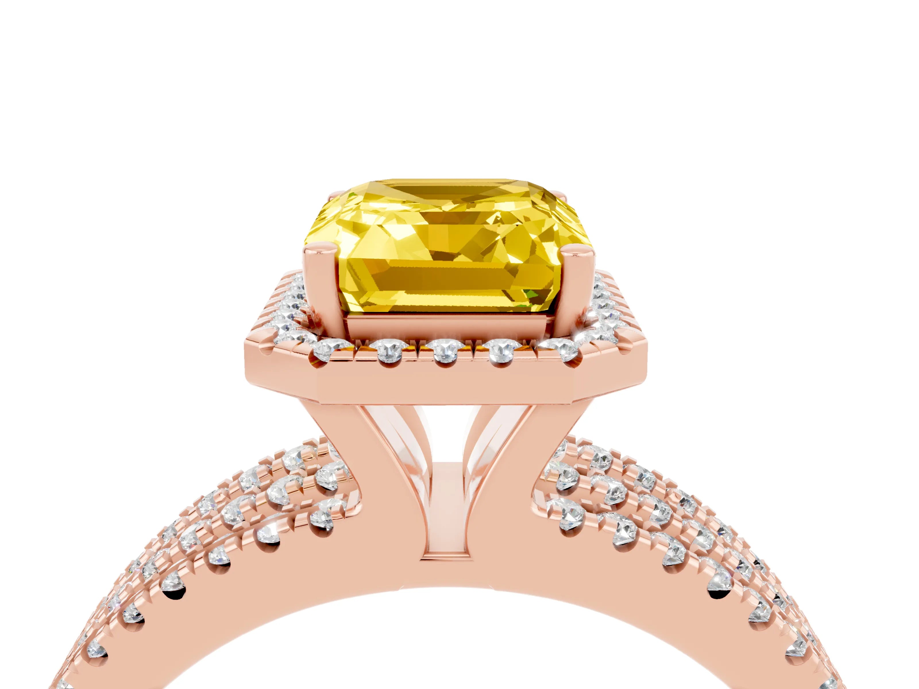 Rose gold {shape_name} Yellow Sapphire Halo Engagement Ring with Split Shank and Four-Prong Setting_4
