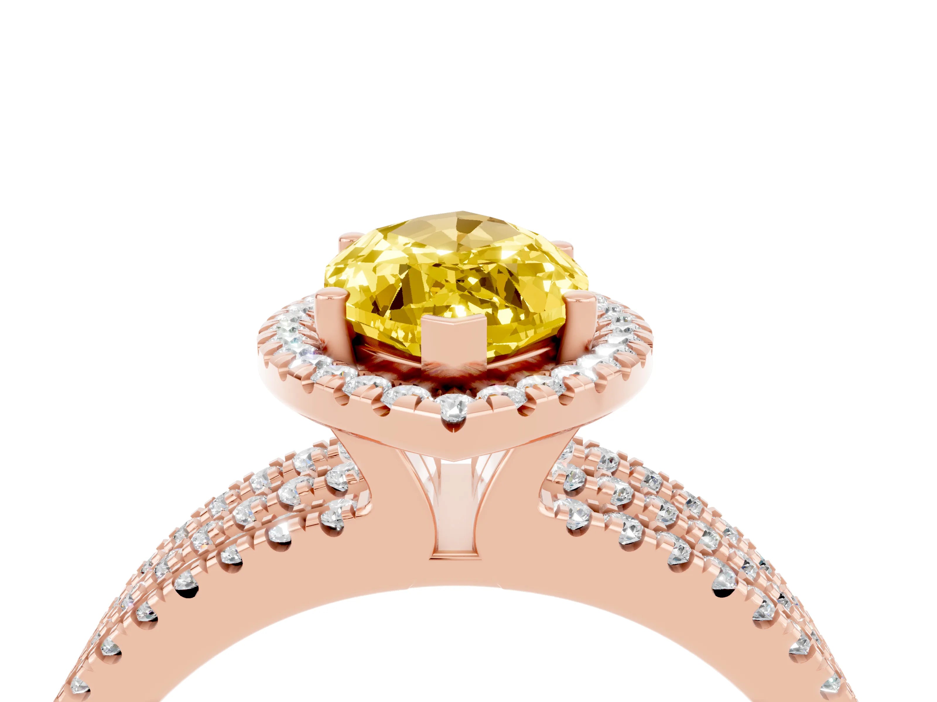Rose gold {shape_name} Yellow Sapphire Halo Engagement Ring with Split Shank and Four-Prong Setting_4