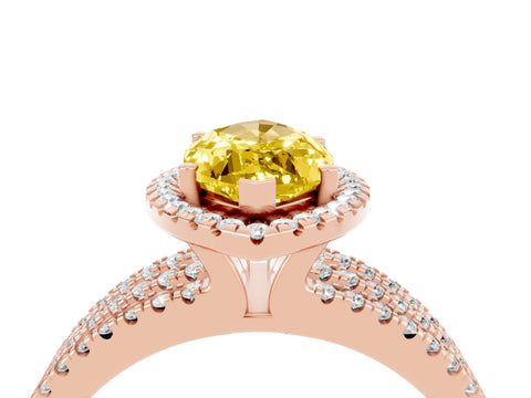 Rose gold {shape_name} Yellow Sapphire Halo Engagement Ring with Split Shank and Four-Prong Setting_4
