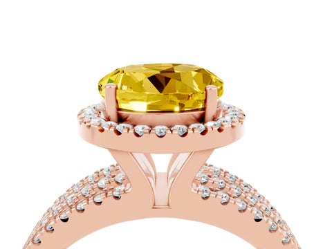 Rose gold {shape_name} Yellow Sapphire Halo Engagement Ring with Split Shank and Four-Prong Setting_4