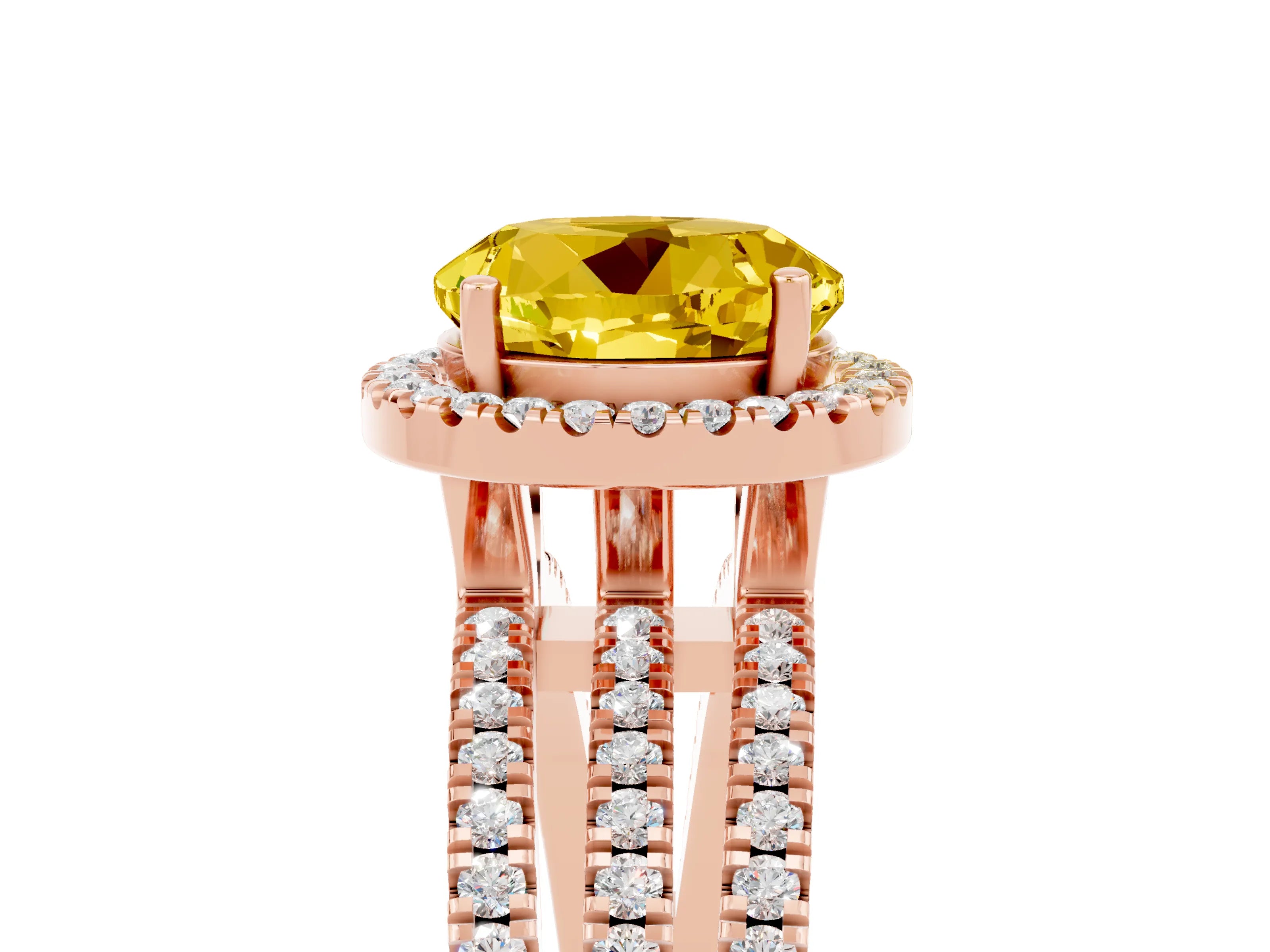 Rose gold {shape_name} Yellow Sapphire Halo Engagement Ring with Split Shank and Four-Prong Setting_5