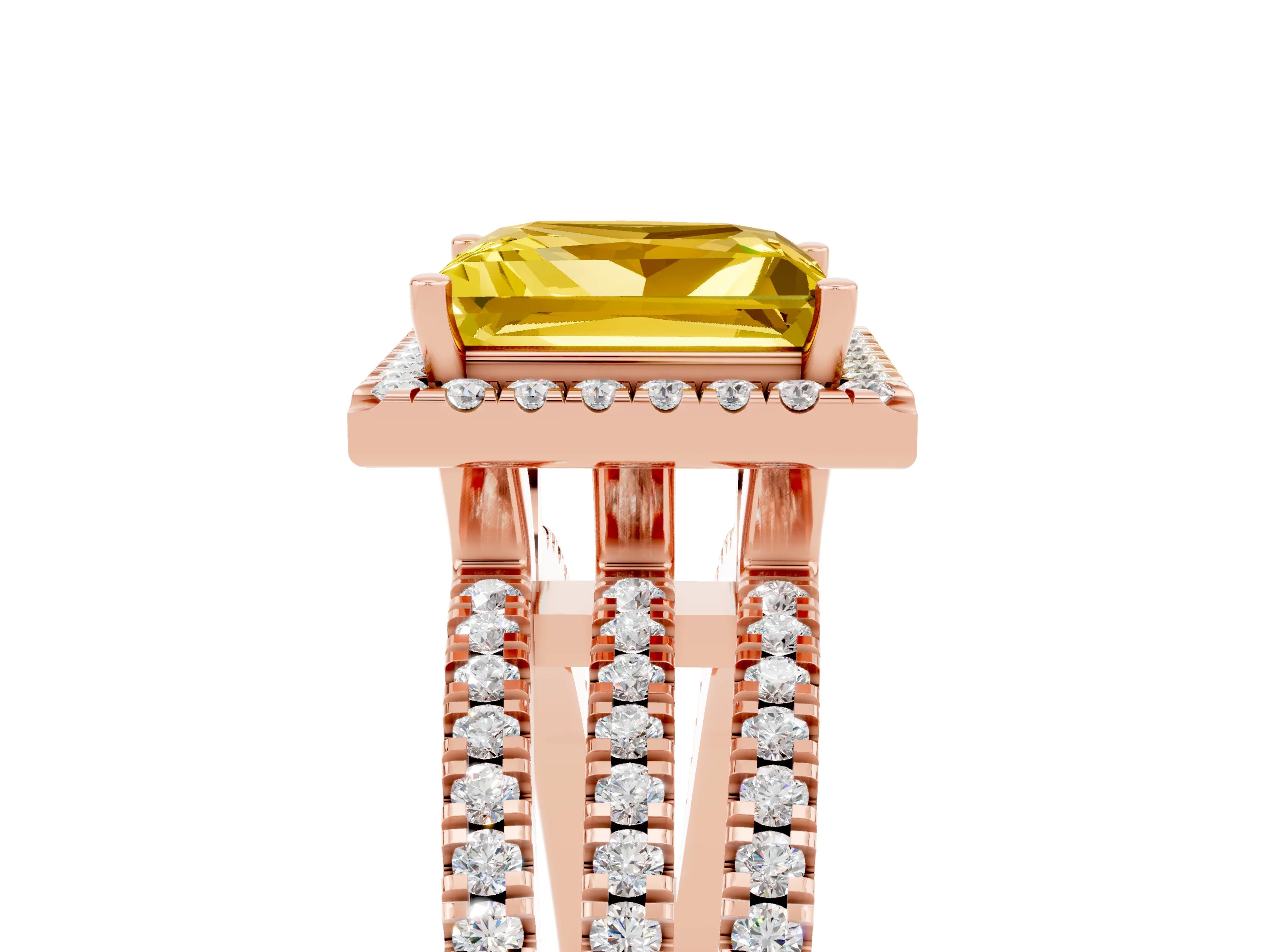 Rose gold {shape_name} Yellow Sapphire Halo Engagement Ring with Split Shank and Four-Prong Setting_5